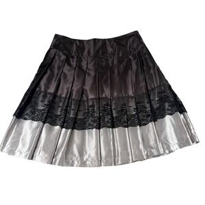 Worthington Brown Silver Metallic Pleated Lace Trim Skirt Size 12 Side Zip Y2K